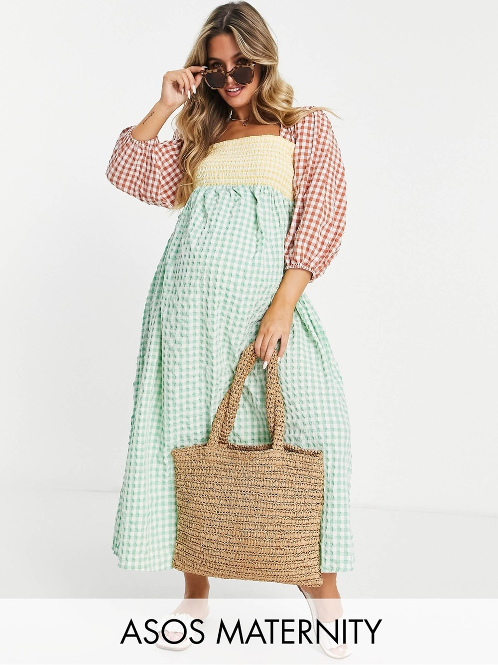 ASOS Maternity Colorblock Gingham Maxi Dress in Mint, Yellow & Rust